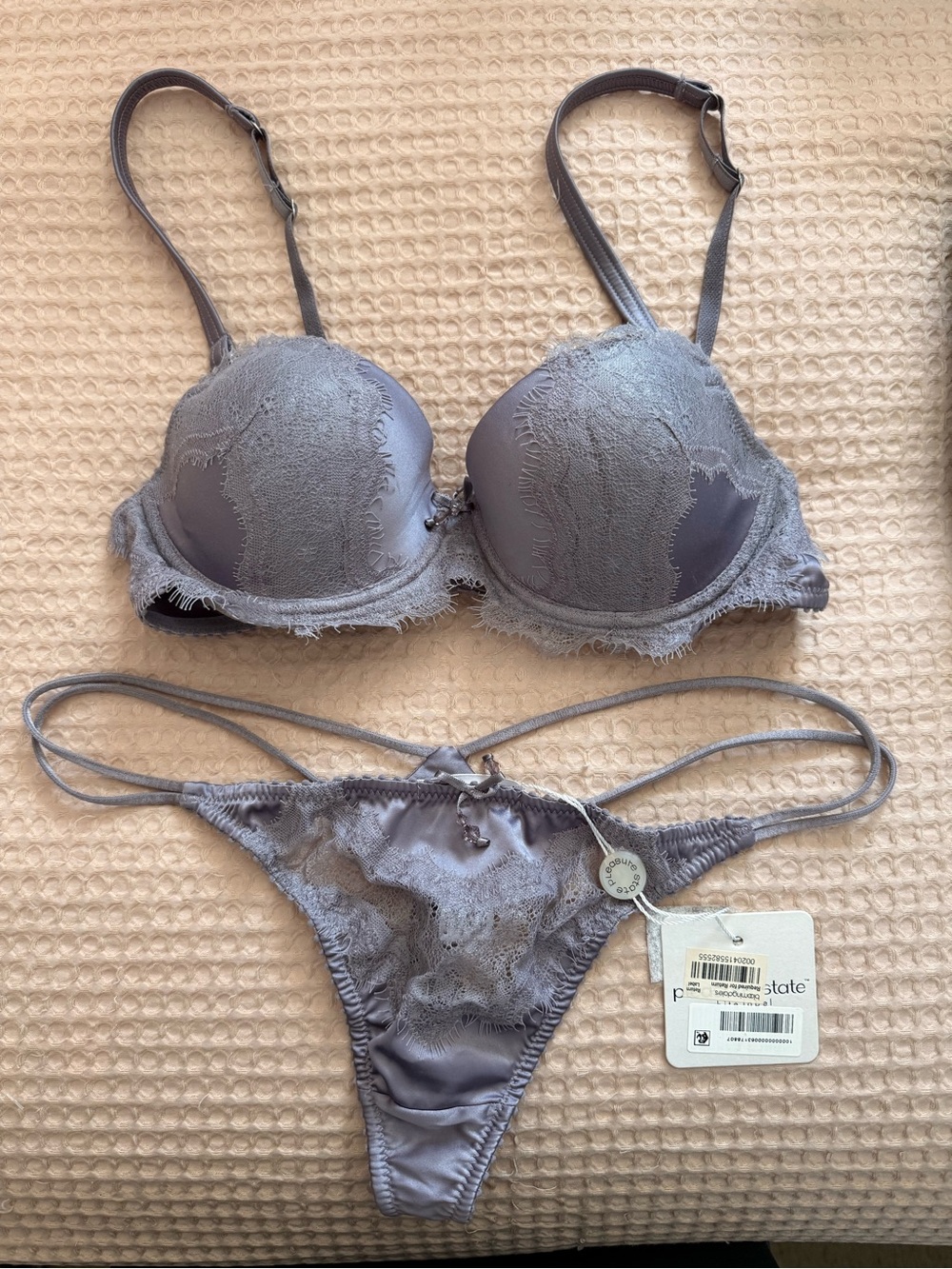 PLEASURE STATE // Lace-Trim Push-Up Bra & Strappy Thong Set in Purple Gray